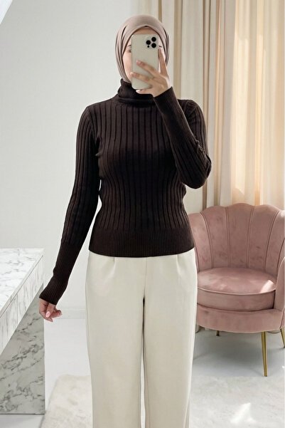 Modamorfo Turtleneck Corded Fabric Knitwear Sweater -K. Coffee