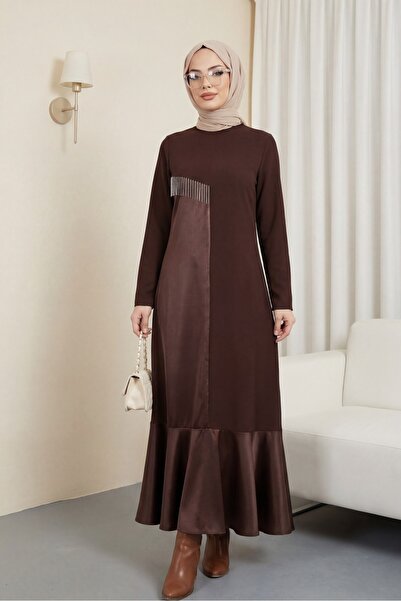 Modamorfo Leather Detailed Metal Chain Dress - Brown