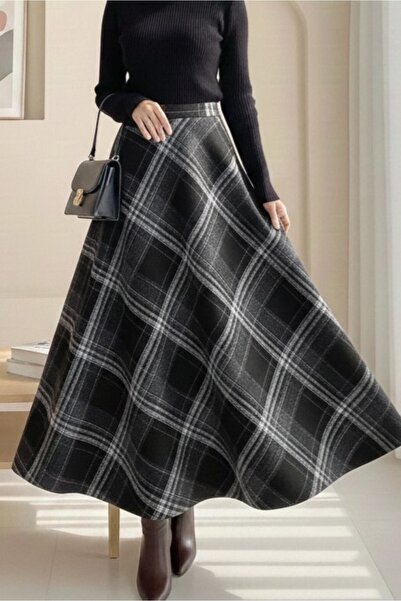 Modamorfo Plaid Patterned Side Zipper Cashmere Bell Skirt - Black