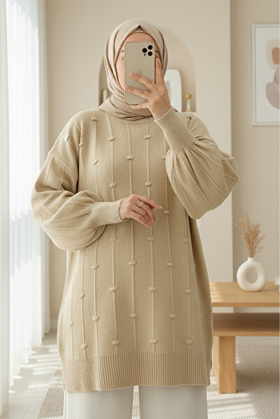 Modamorfo Soft Knit Sweater with Side Slits and Pompoms - Light Mink
