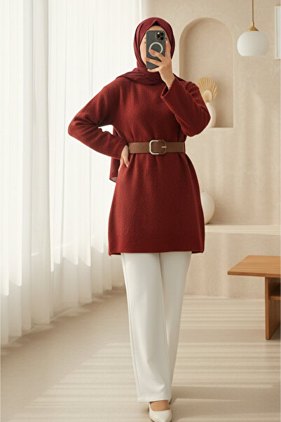 Modamorfo Thick Belted Boucle Sweater -Burgundy