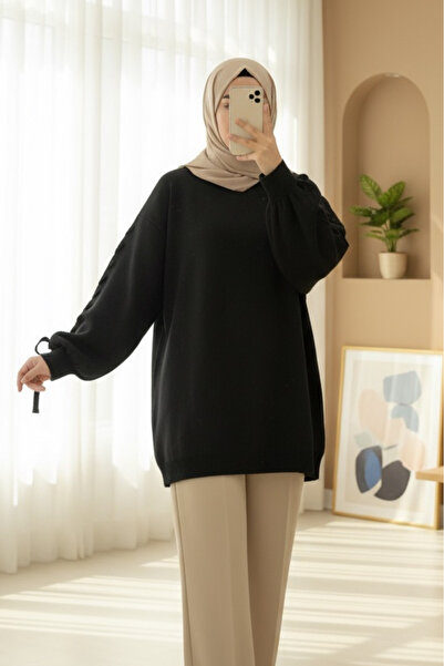 Modamorfo Round Neck Sleeve Knit Detailed Sweater -Black