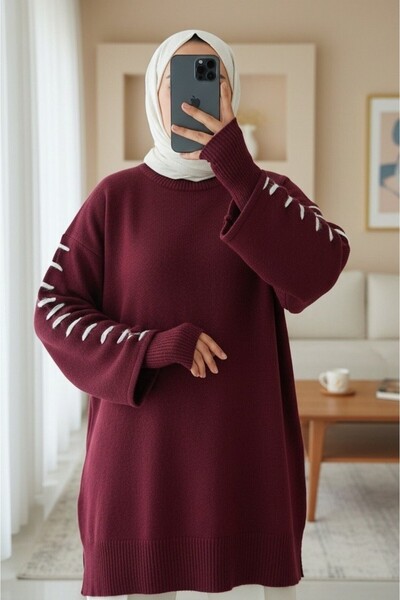 Modamorfo Striped Knit Tunic with Drawstring Sleeves - Burgundy