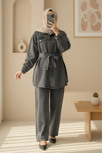 Modamorfo Buttoned Denim Suit with Pockets and Belt - Smoked