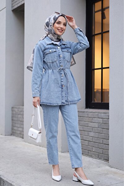 Modamorfo Scattered Stone Buttoned Jacket Trousers Denim Set - Ice Blue