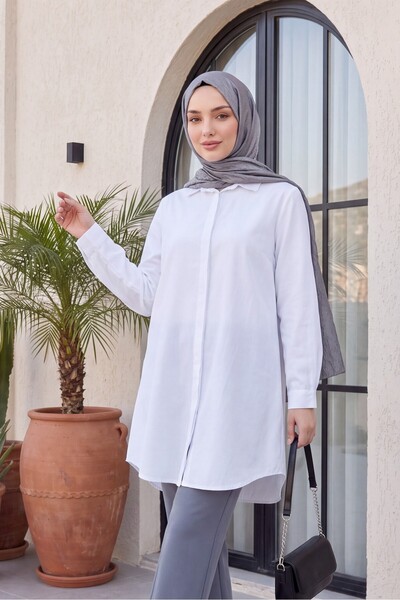 Modamorfo Oval Cut Long Shirt with Hidden Buttons -White