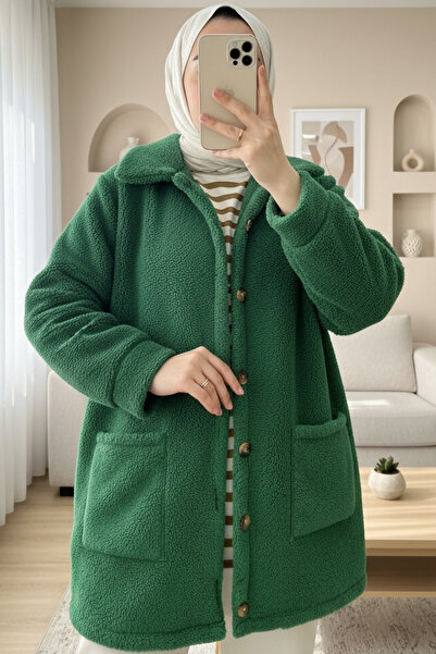 Modamorfo Jachetă de pluș cu buzunare cu nasturi - Verde