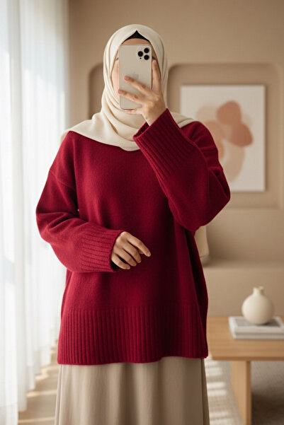 Modamorfo Crew Neck Skirt Corded Fabric Loose Knitwear Sweater -Red