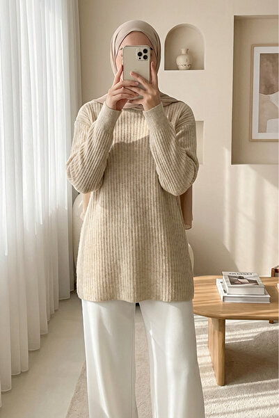 Modamorfo Ribbed Long Knit Sweater - Beige