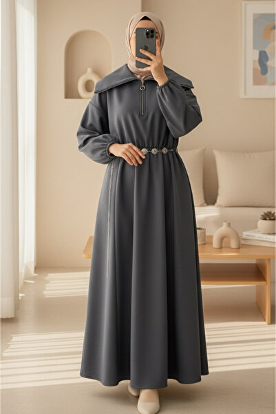 Modamorfo High-Necked Half-Zippered Gathered Waist Belted Scuba Dress - Smoked