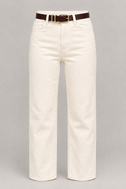 ASL WOMAN Kadın Yüksek Bel Kemerli Straight Fit Krem Jean Pantolon