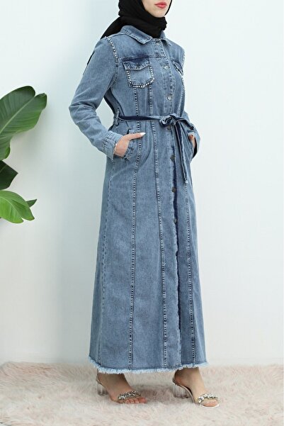 Modamorfo Stone Embroidered Waist-Tied Pocketed Denim Dress -Blue