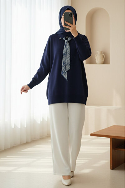 Modamorfo Polo Collar Scarf and Slit Casual Knitwear Tunic - Navy