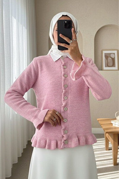 Modamorfo Buttoned Front and Ruffled Skirt Cardigan -Pink