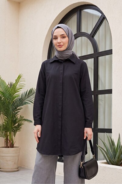 Modamorfo Oval Cut Long Shirt with Hidden Buttons - Black