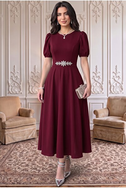 ALFUDO Moda Collection Bordo Karpuz Kollu Midi Boy Abiye Mezuniyet Elbise