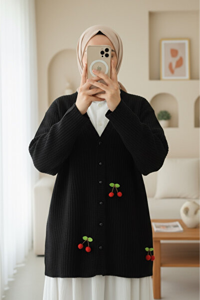 Modamorfo Cherry Buttoned Knitwear Cardigan -Black