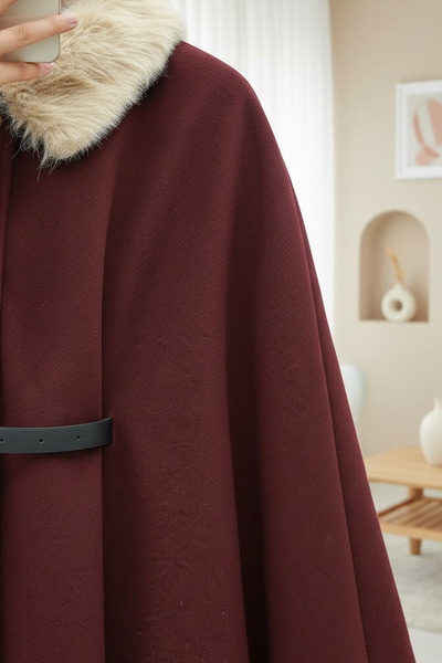 Modamorfo Buttoned Cashmere Poncho with Fur Collar and Belted Waist - Burgundy