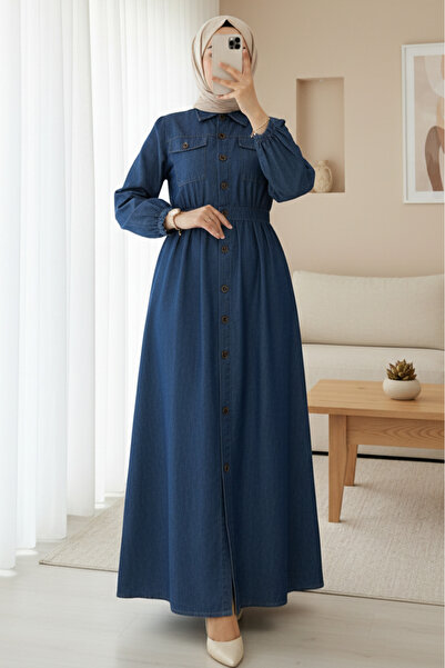 Modamorfo Denim Dress with Elasticated Cuffs, Button-Down Front, and Double P...