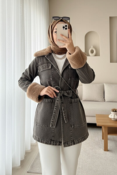 Modamorfo Denim Jacket with Fur Collar and Sleeves, Tie-Up Front with Pockets...