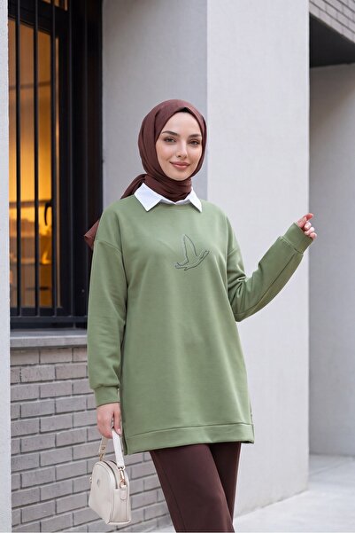 Modamorfo Bird Patterned Stoned Tunic -Khaki