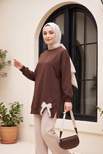 Modamorfo Round Neck Skirt with Bow Detail, Loose Combed Cotton Tunic - Brown