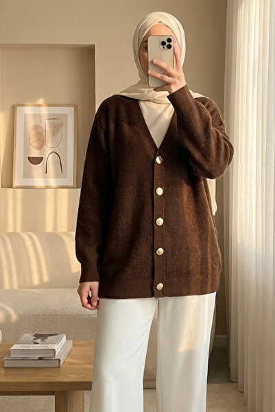 Modamorfo Buttoned Front Bearded Casual Knit Cardigan - Brown