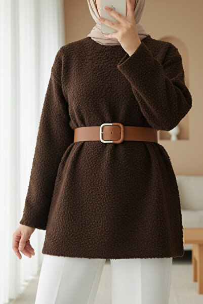 Modamorfo Thick Belted Boucle Sweater - Brown