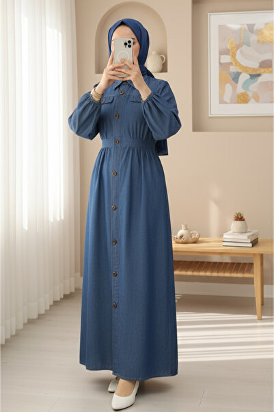 Modamorfo Buttoned Long Jeans Dress with Elastic Sleeves and Double Pockets -...