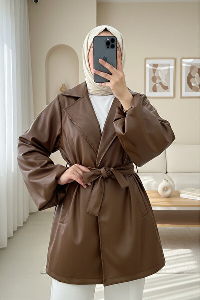 Modamorfo Balloon Sleeve Belted Leather Jacket - Tan