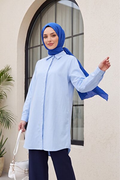 Modamorfo Oval Cut Long Shirt with Hidden Buttons - Baby Blue