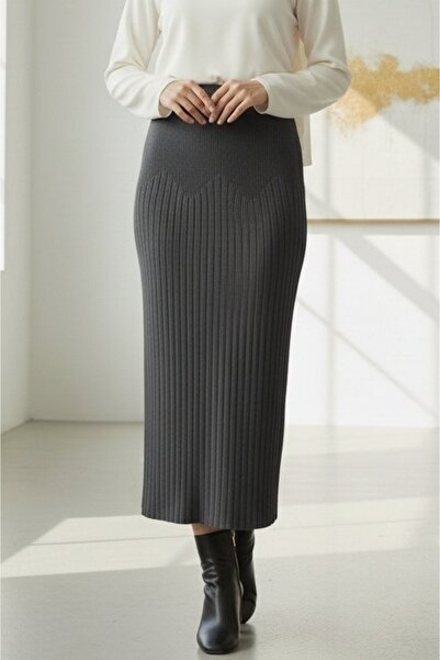 Modamorfo Elastic Waist Pleated Knit Skirt - Anthracite