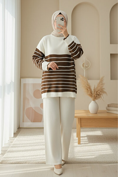 Modamorfo Half-Thigh Striped Knitwear Set - Brown