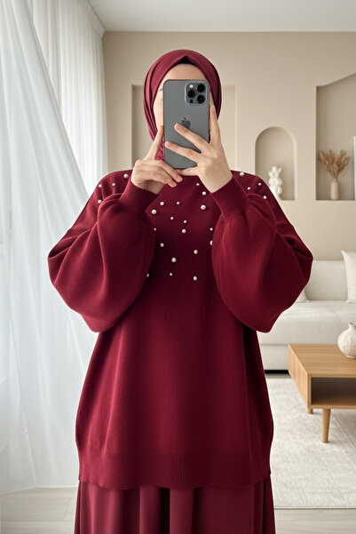 Modamorfo Pearl fisherman collar balloon sleeve knit - burgundy