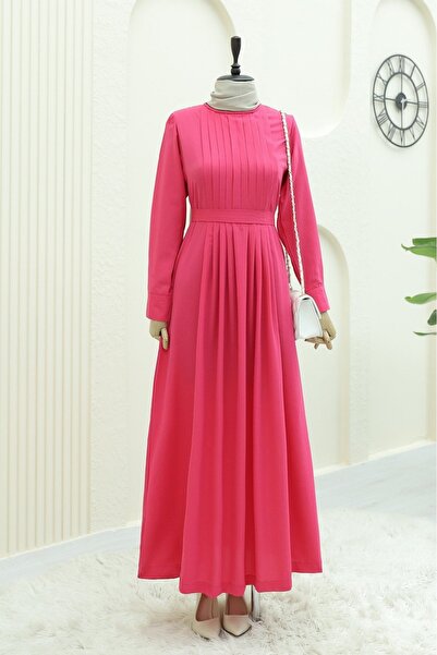 Modamorfo Pleated Round Neck Belted Long Dress -Fuchsia