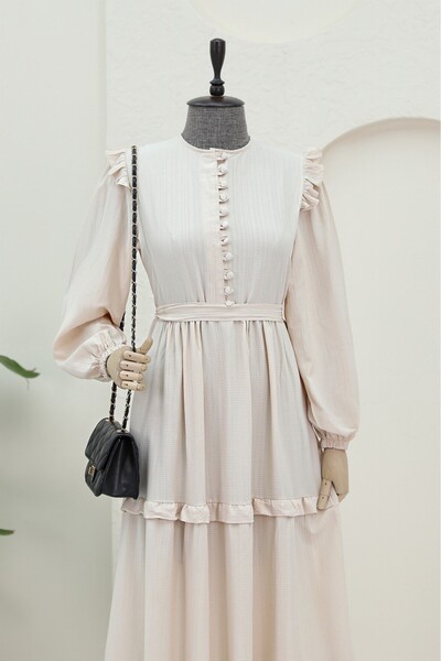 Modamorfo Half buttoned sectional belted dress -beige