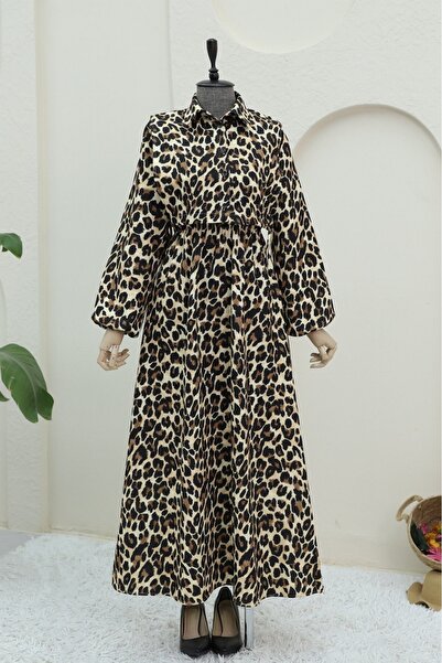 Modamorfo Leopard patterned dress with shirt detail - mink