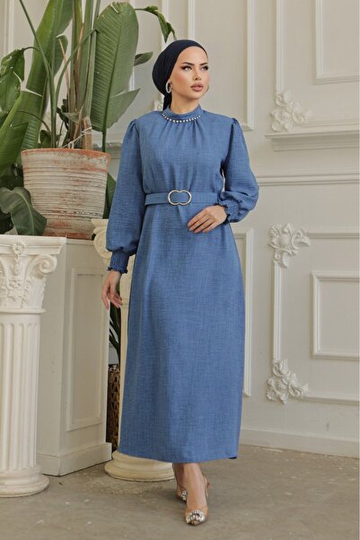 Modamorfo Leinenkleid mit Steinkragen, Gerafften Ärmeln und Gürtel - Indigo