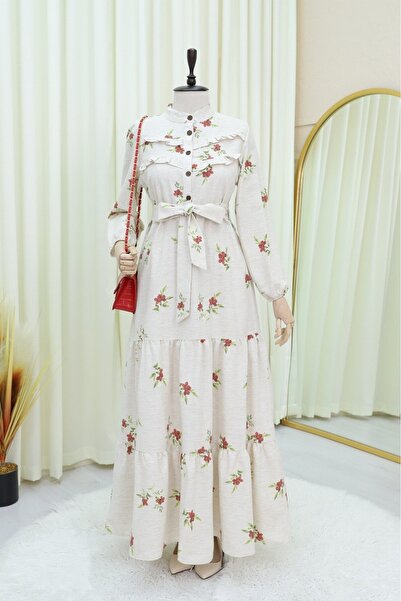 Modamorfo Ruffled Front Half Button Piece Linen Dress -Pomegranate Flower