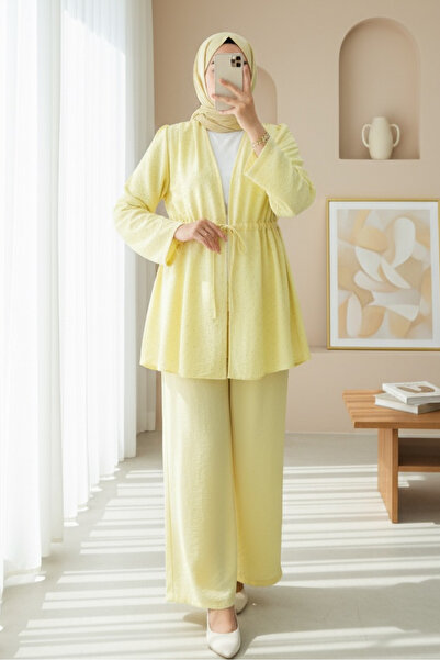 Modamorfo Kimono Suit with Tunnel Laces and Stoned Wide Leg Trousers - Yellow