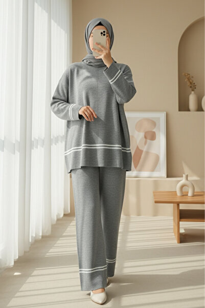Modamorfo Skirt and Sleeve Striped Knitwear Set - Gray