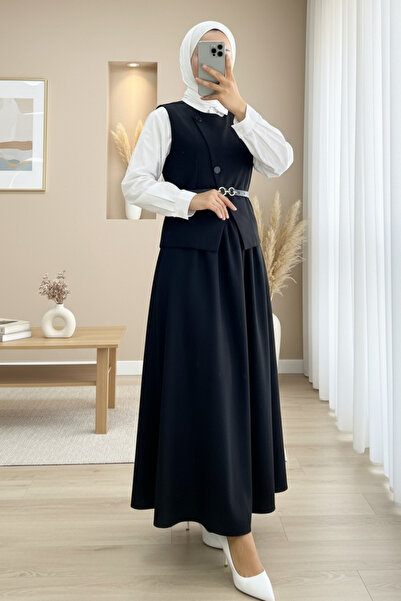 Modamorfo Cross Button Belted Vest Skirt Suit -Black