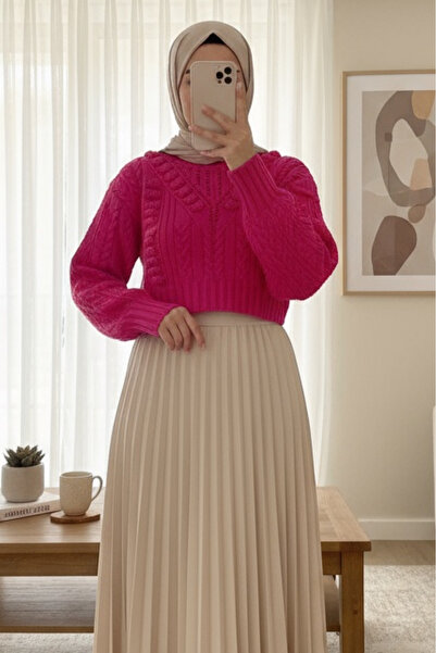 Modamorfo Embossed Patterned Openwork Knitwear Sweater -Fuchsia