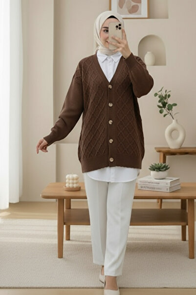 Modamorfo V-Neck Large Button Patterned Knit Cardigan - Brown