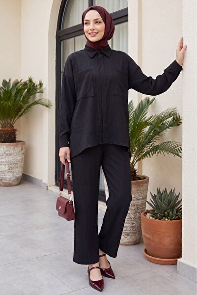 Modamorfo Double Linen Look Suit with Gusseted Pockets - Black