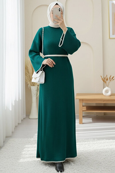 Modamorfo Lace-Up Knitwear Dress with Embroidered Hem and Sleeves - Emerald