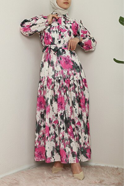 Modamorfo Batik Printed Belted Piece Linen Dress - Fuchsia