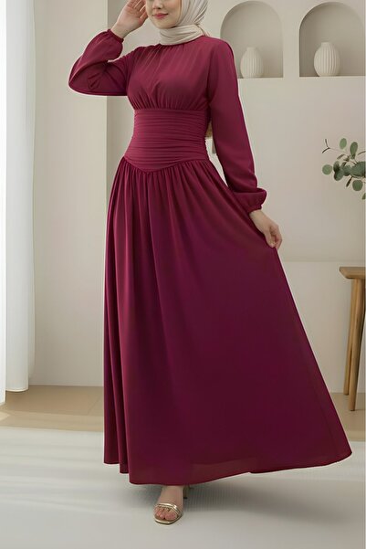 Modamorfo Poplin Dress with Gathered Front, Elasticated Sleeves and Zipper - ...