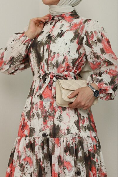 Modamorfo Batik printed belted fragmented linen dress - salmon