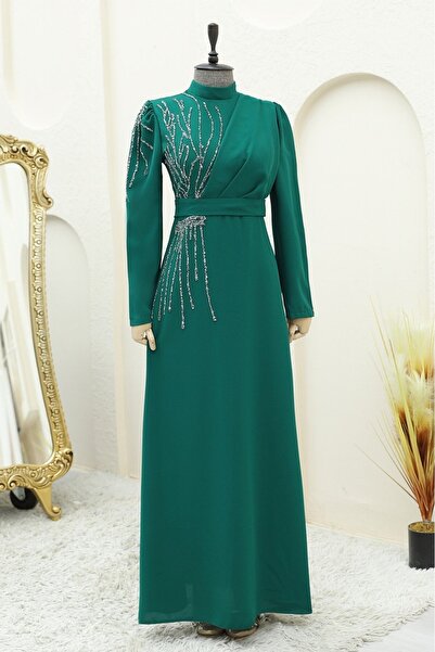 Modamorfo Emerald Crepe Dress - Shoulder Stone and Belt Detail